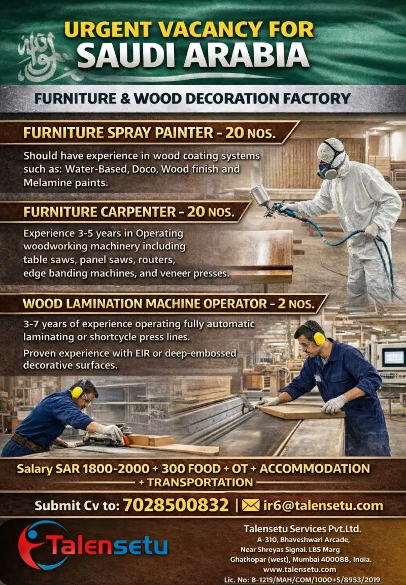 JOB VACANCIES: FURNITURE & WOOD DECORATION FACTORY – SAUDI ARABIA