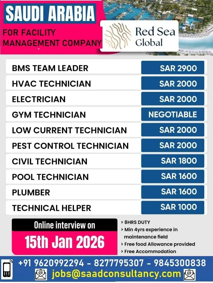 JOB VACANCIES IN SAUDI ARABIA – RED SEA GLOBAL FACILITY MANAGEMENT