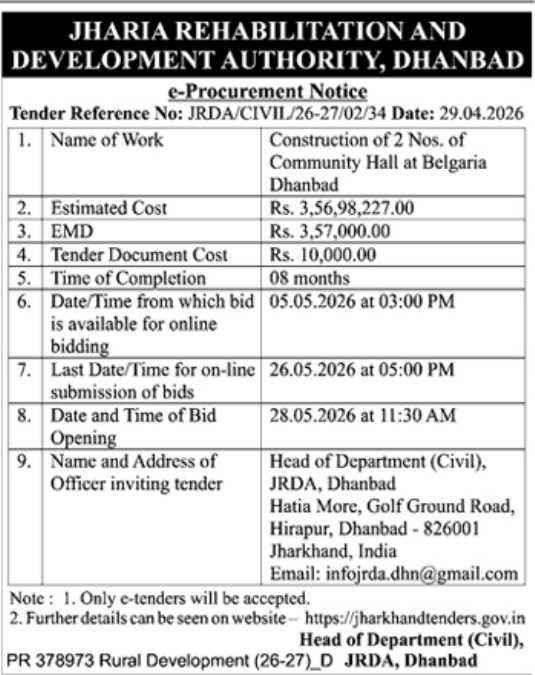 JRDA Dhanbad e-Procurement Notice: Community Hall Construction at Belgaria