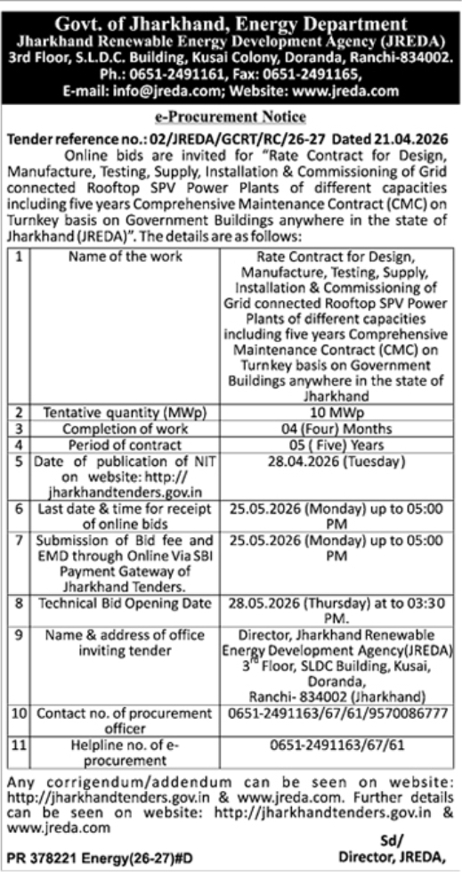 JREDA Tender Notice: Grid-Connected Rooftop SPV Power Plants