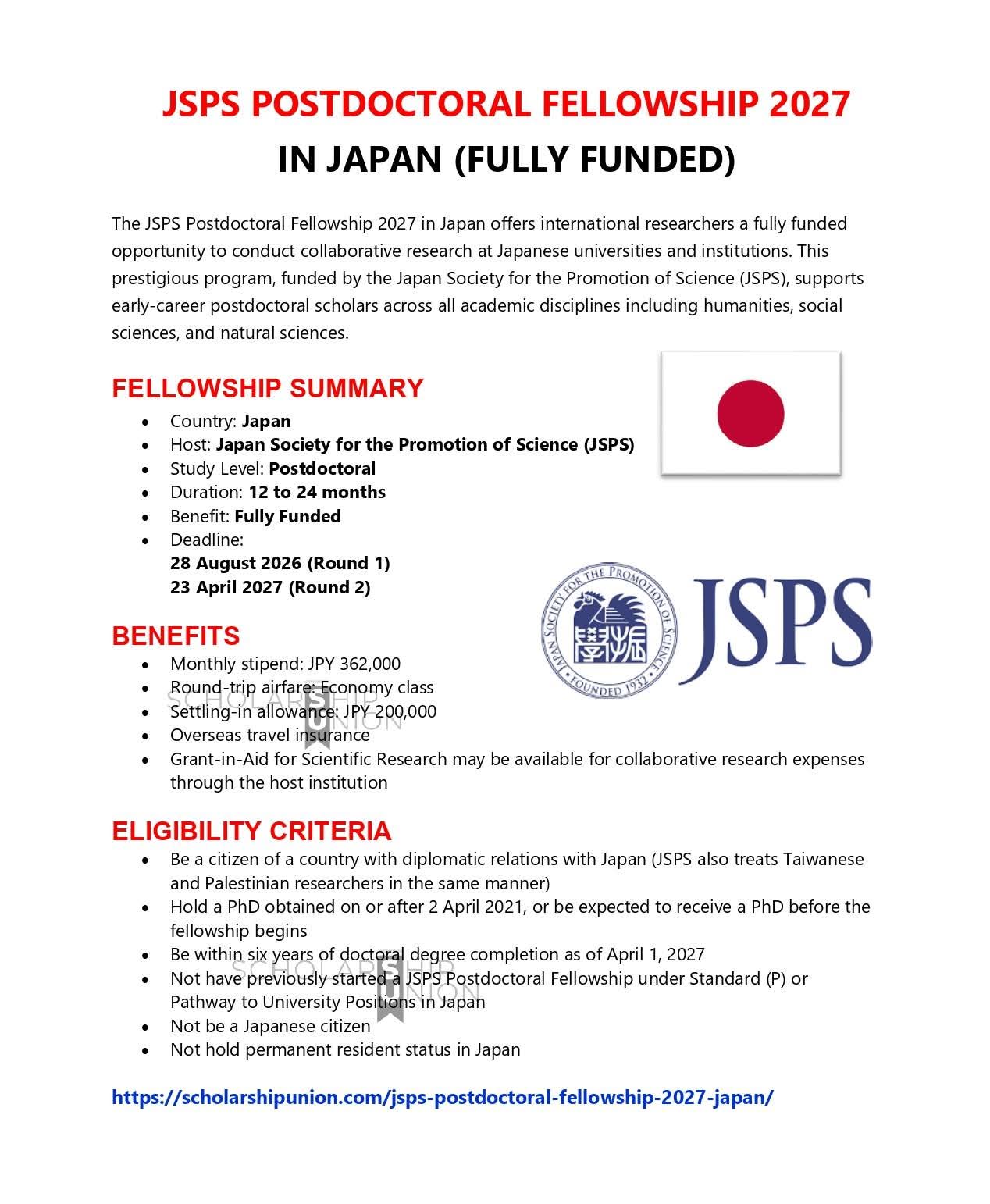 JSPS Postdoctoral Fellowship 2027 in Japan