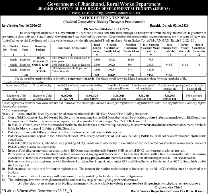 JSRRDA Jharkhand: Rural Roads Construction Tender