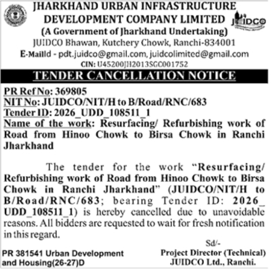 JUIDCO: Road Work Tender Cancellation Notice