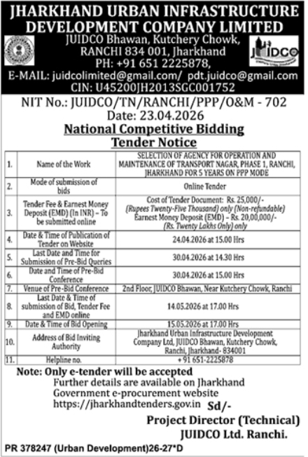 JUIDCO Tender Notice: Transport Nagar Phase 1 O&M