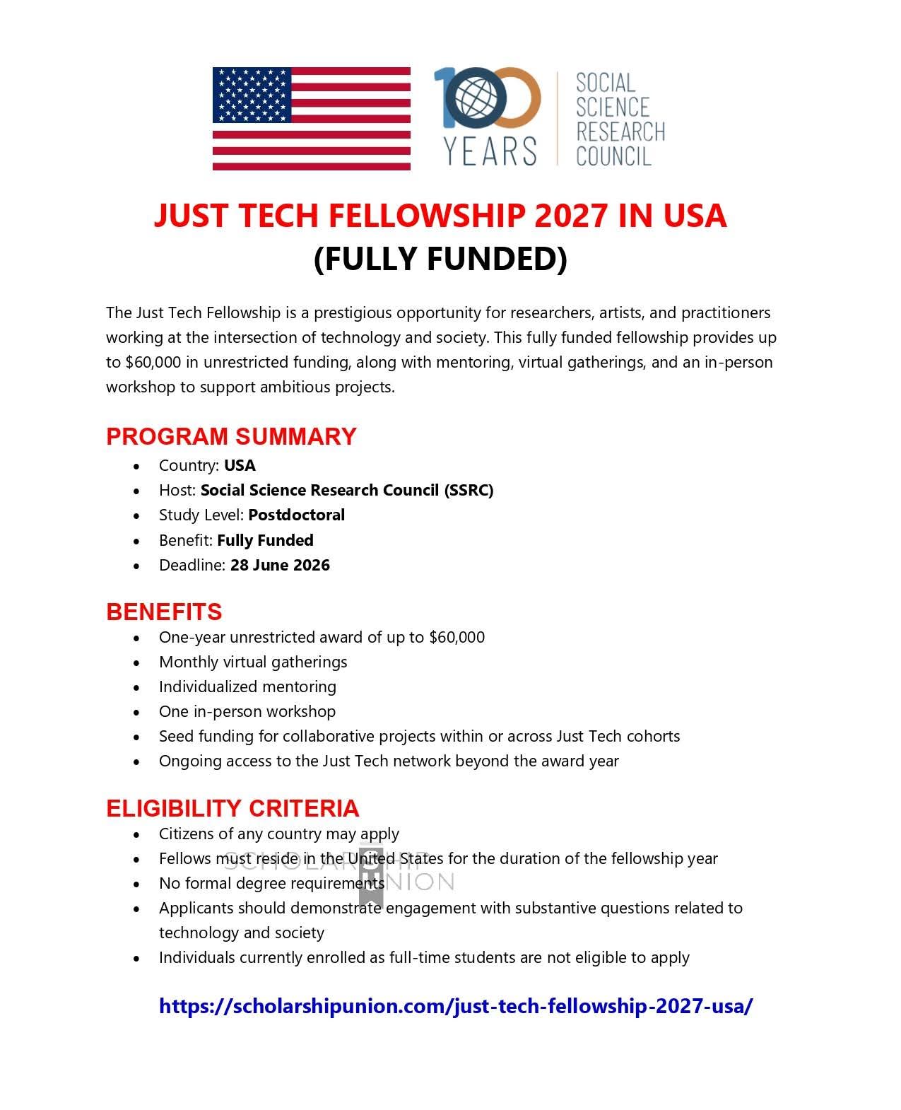 Just Tech Fellowship 2027 in USA