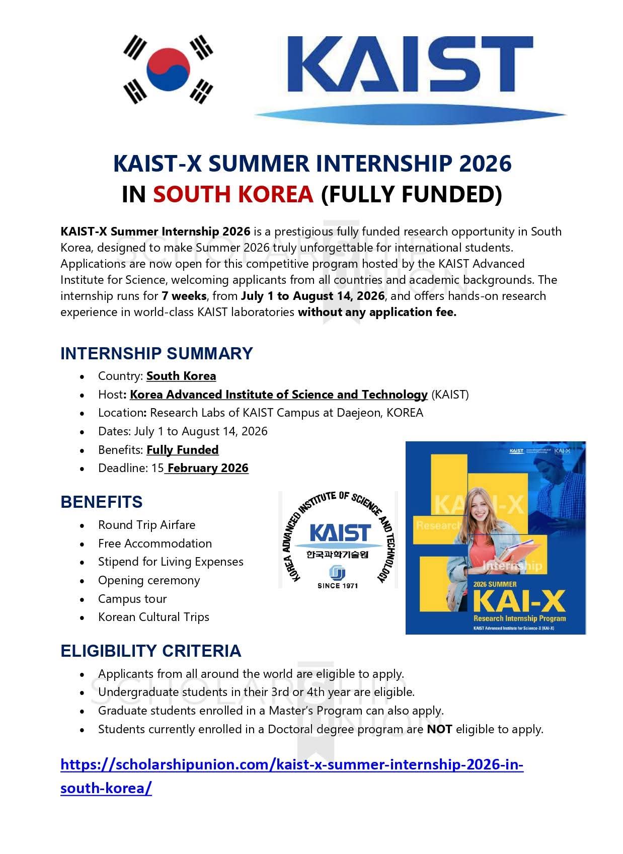 KAIST-X Summer Internship 2026 is a fully funded in South Korea