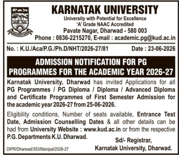 Karnatak University Notification: PG Programmes Admission 2026-27