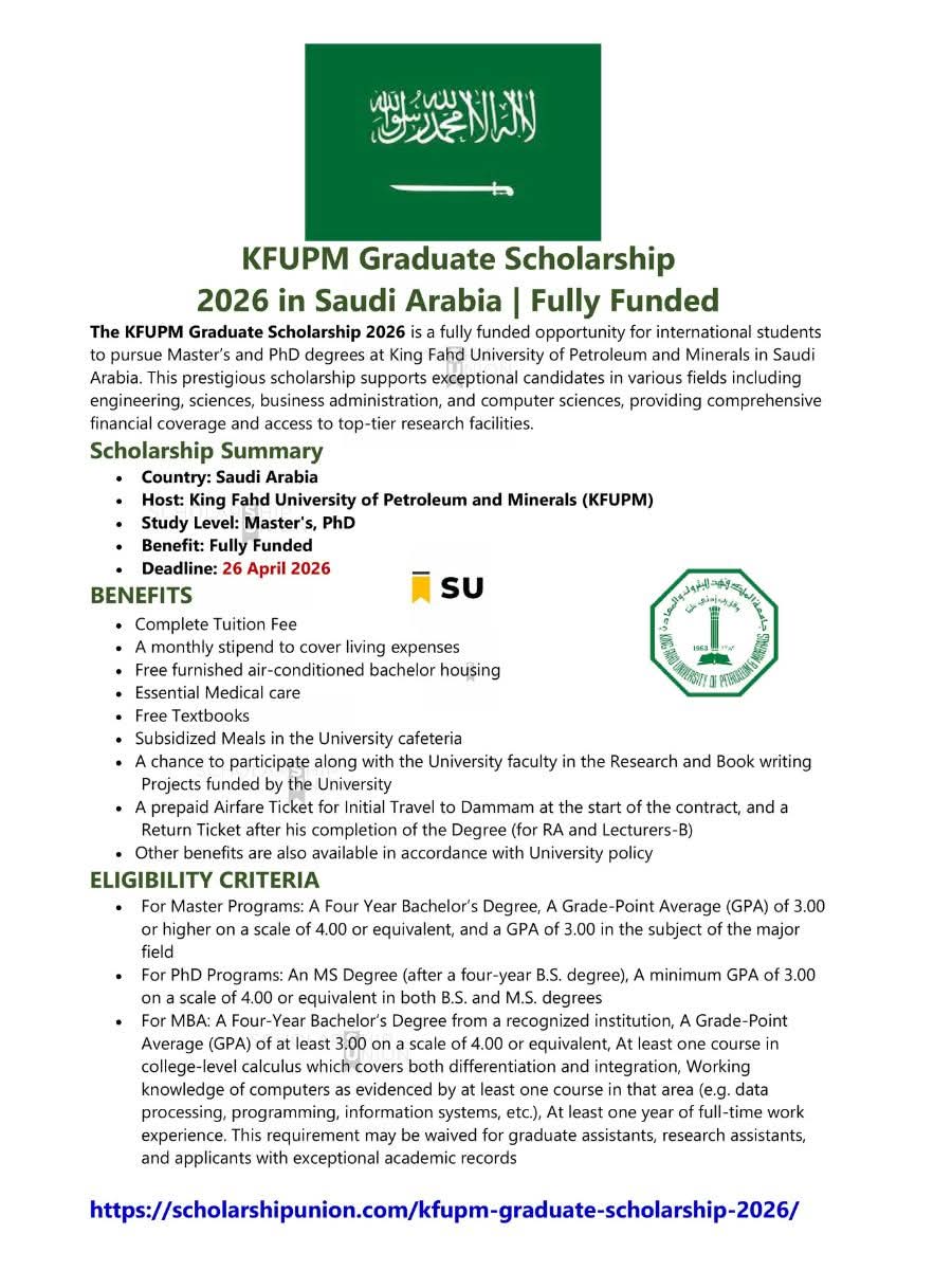 KFUPM Graduate Scholarship 2026 in Saudi Arabia