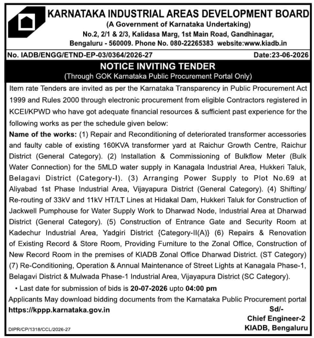 KIADB e-Tender Notice: Industrial Infrastructure and Development Works across Karnataka