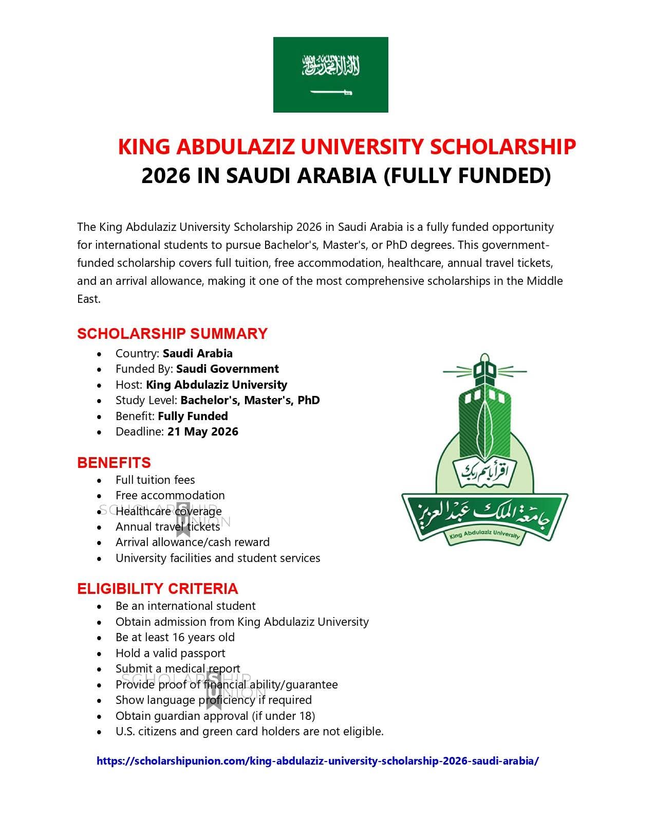 King Abdulaziz University Scholarship 2026 in Saudi Arabia