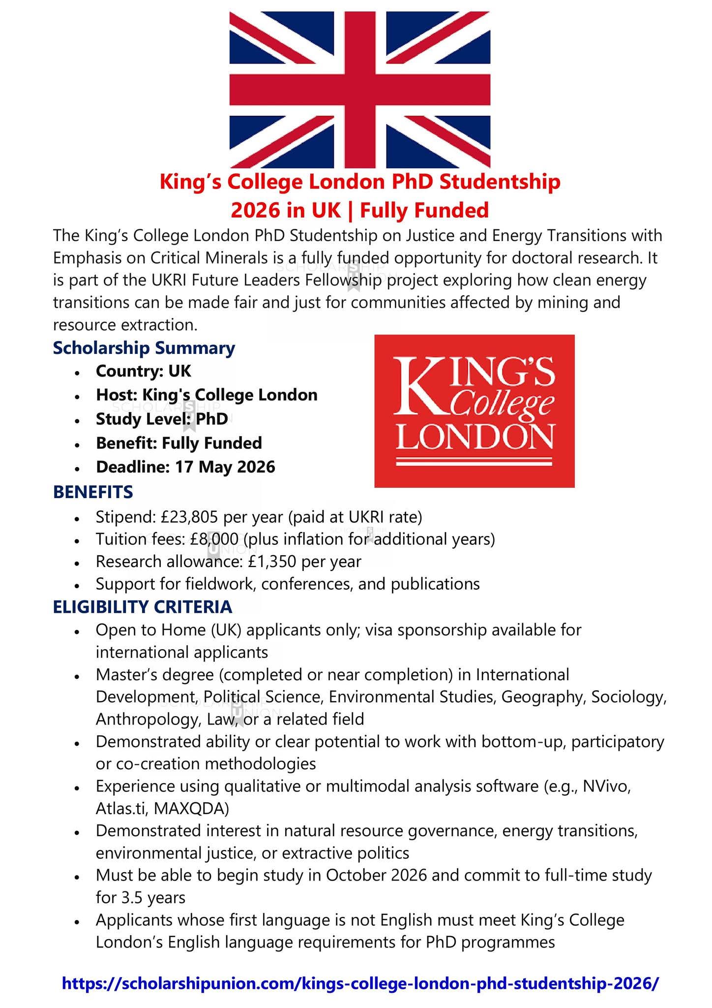 King’s College London PhD Studentship 2026 in UK