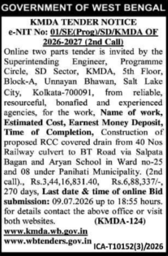 KMDA Tender Notice: Drain Construction in Panihati Municipality