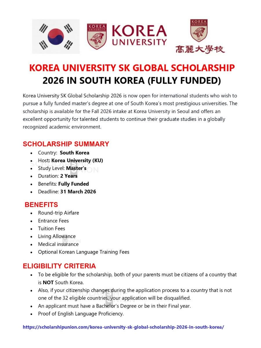 Korea University SK Global Scholarship 2026 in South Korea
