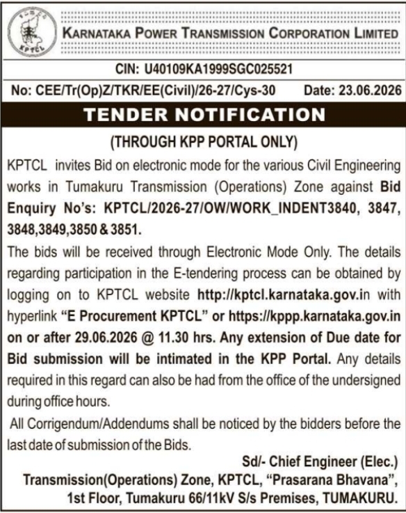 KPTCL e-Tender Notice: Civil Engineering Works in Tumakuru Transmission Zone