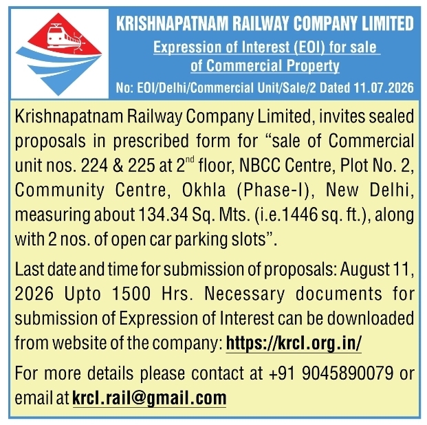Krishnapatnam Railway Company EOI: Commercial Property Sale in Delhi