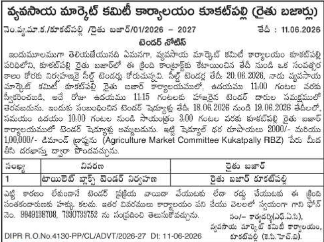 Kukatpally Rythu Bazar 2026 Toilet Maintenance Tender