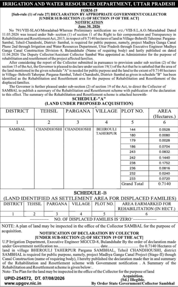 Land Acquisition Declaration for Madhya Ganga Canal Project by Irrigation Department