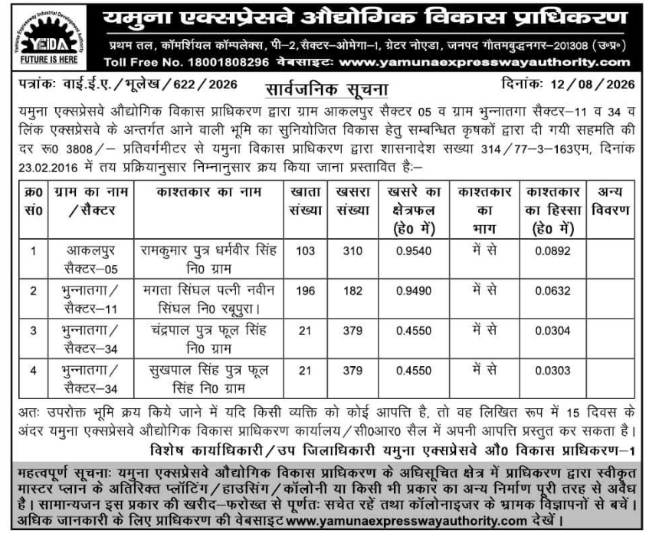 Land Acquisition Notice for Infrastructure Works by YEIDA