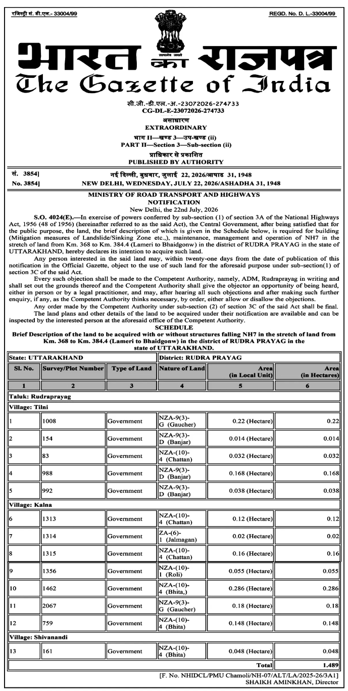 Land Acquisition Notification for NH7 Highway Expansion