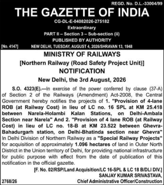 Land Acquisition Notification for ROB Projects by Northern Railway Delhi