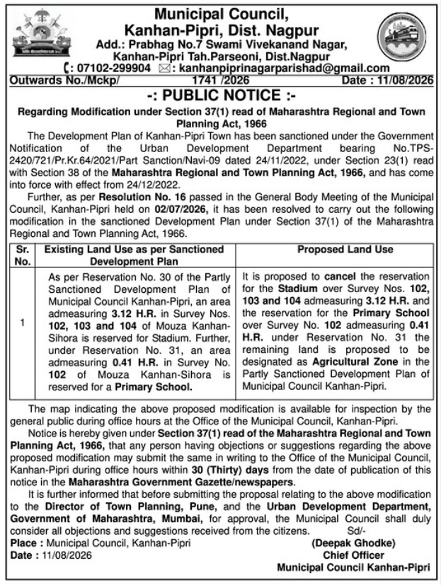 Land Use Modification Notice by Kanhan-Pipri Municipal Council