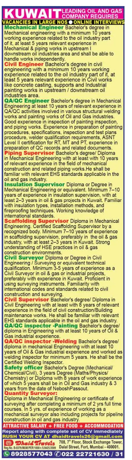 LARGE VACANCIES FOR ENGINEERS AND SUPERVISORS – LEADING OIL & GAS COMPANY, KUWAIT