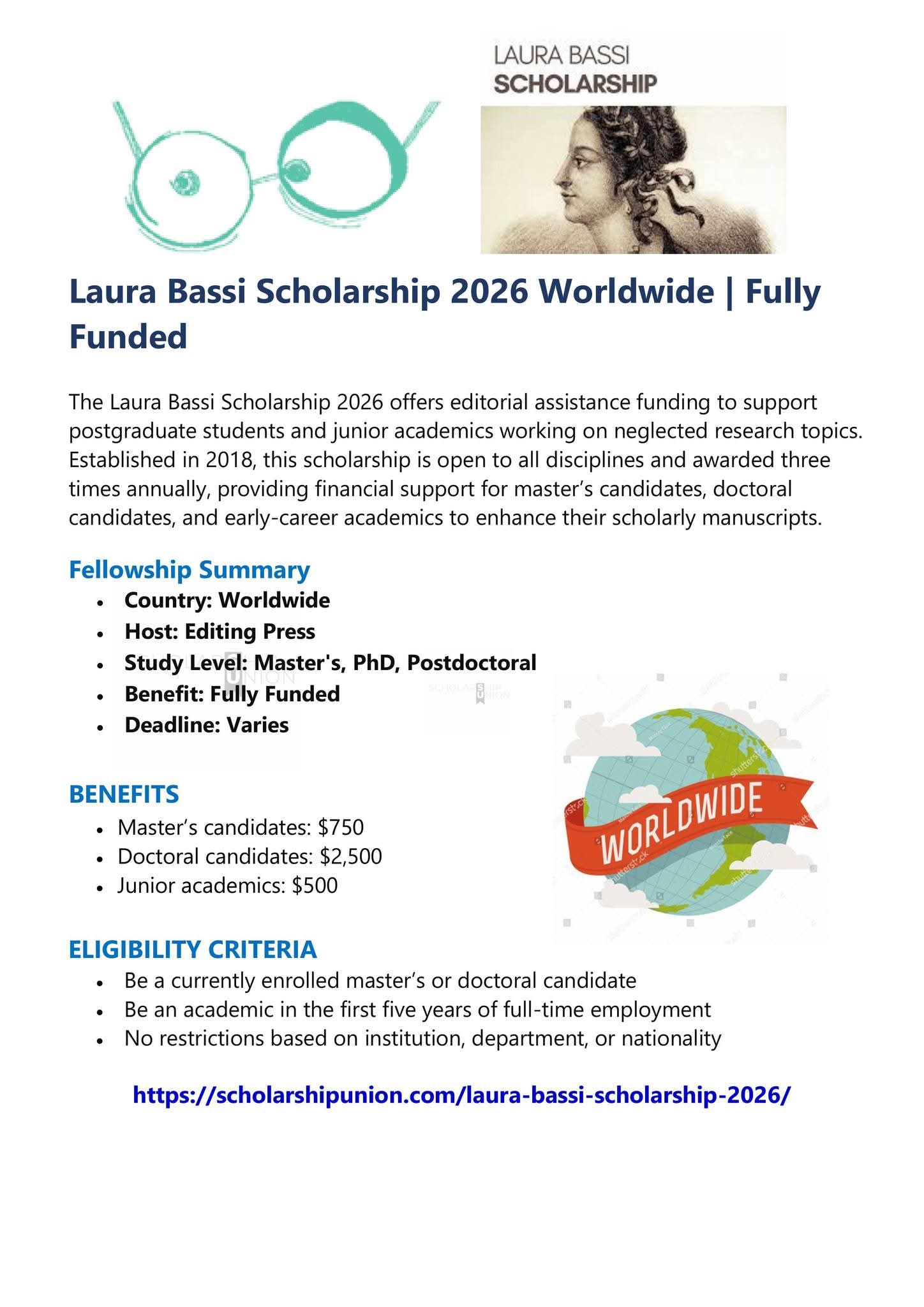 Laura Bassi Scholarship 2026 Worldwide