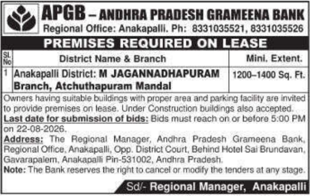 Lease Requirement Notice for Bank Premises (Andhra Pradesh Grameena Bank)