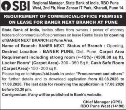 Lease Requirement Notice for Commercial Premises (State Bank of India)