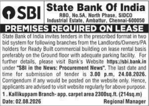 Lease Requirement Notice for Commercial Premises (State Bank of India)