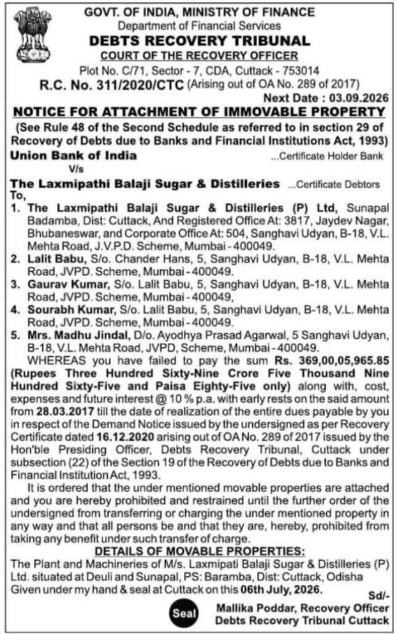 Legal Attachment Notice for Immovable Properties