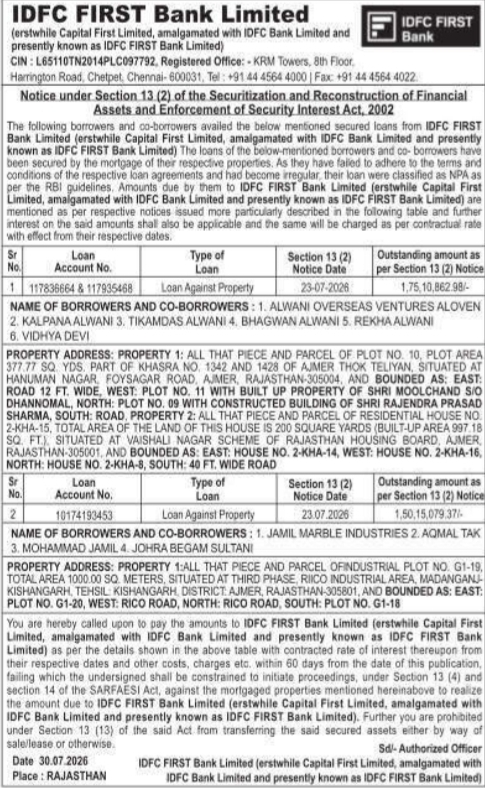 Legal Demand Notice Under SARFAESI Act by IDFC FIRST Bank