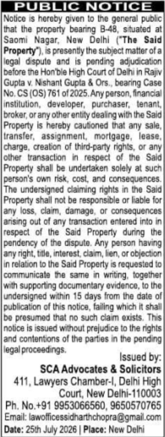 Legal Dispute Title Caution Notice by SCA Advocates & Solicitors