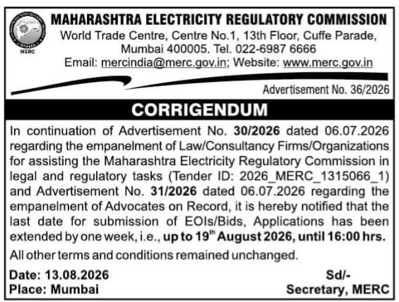 Legal Firm Empanelment Corrigendum by Maharashtra Electricity Regulatory Commission
