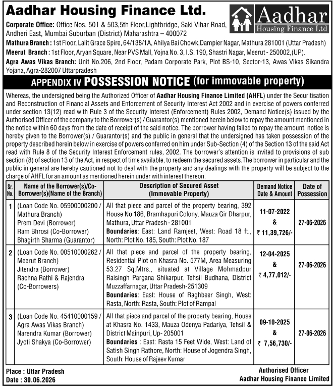 Legal Notice: Aadhar Housing Finance Immovable Property Possession Notice