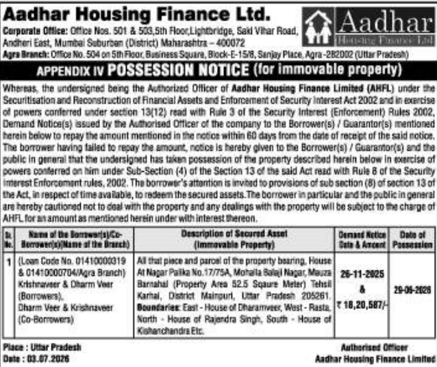 Legal Notice: Aadhar Housing Possession Notice