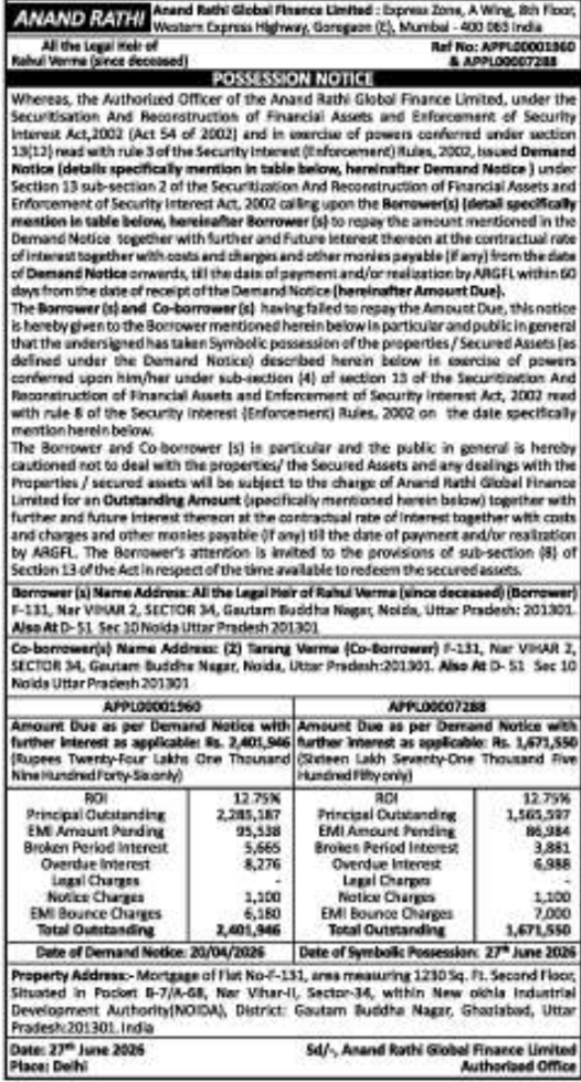 Legal Notice: Anand Rathi Immovable Property Possession Notice
