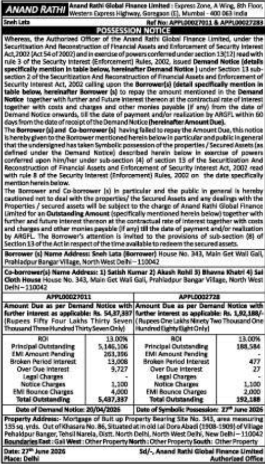 Legal Notice: Anand Rathi Immovable Property Possession Notice