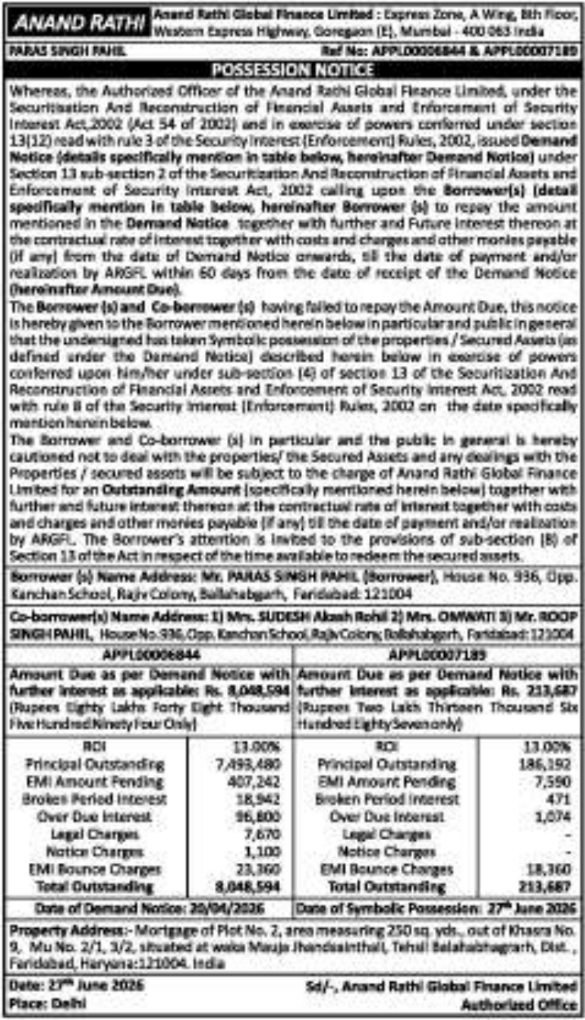 Legal Notice: Anand Rathi Immovable Property Possession Notice
