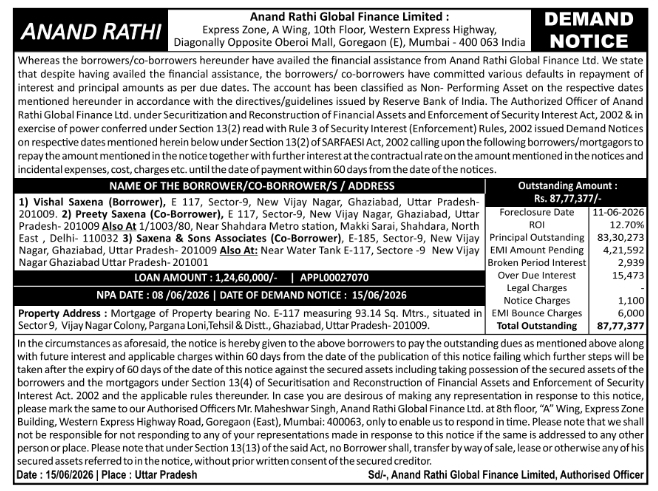 Legal Notice: Anand Rathi SARFAESI Demand Notice Against Vishal Saxena