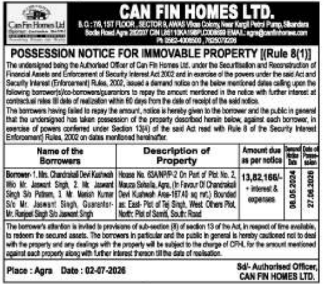 Legal Notice: Can Fin Homes Possession Notice