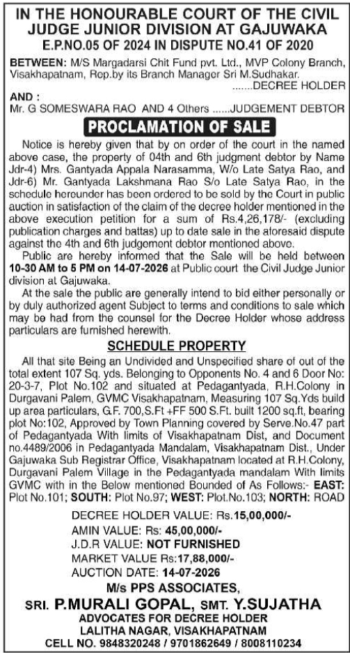 Legal Notice: Gajuwaka Civil Court Proclamation of Sale