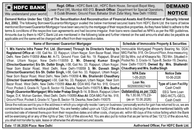 Legal Notice: HDFC Bank SARFAESI Demand Notice Against Harsha Infra Power