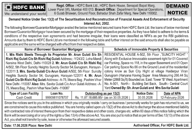 Legal Notice: HDFC Bank SARFAESI Demand Notice Against Rishi Steels