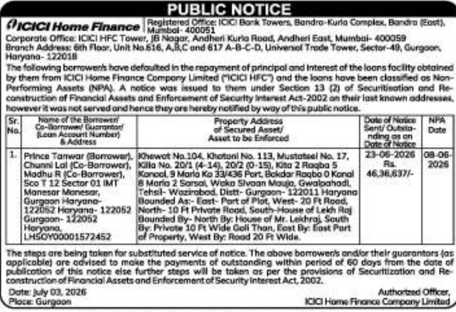 Legal Notice: ICICI Home Finance NPA Recovery