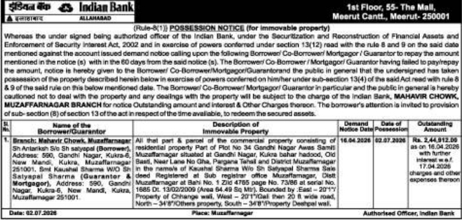Legal Notice: Indian Bank Possession Notice