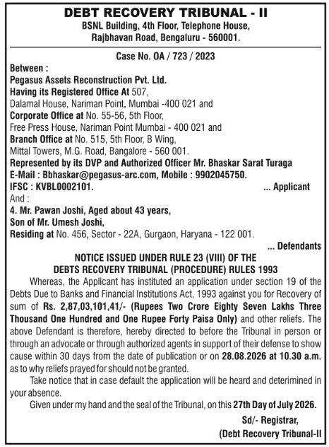 Legal Notice Issued by Debt Recovery Tribunal - II, Bengaluru