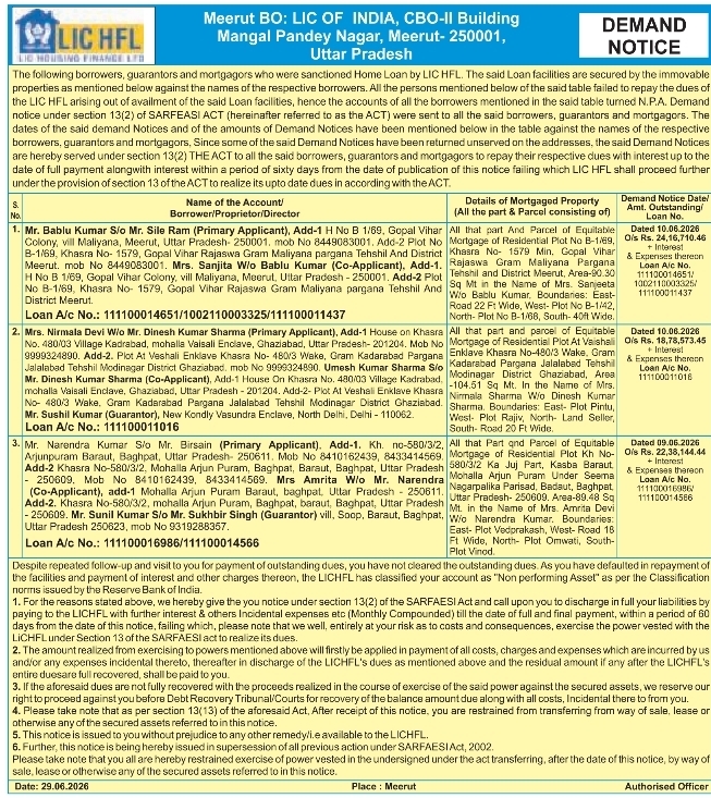 Legal Notice: LIC HFL Immovable Property Demand Notice