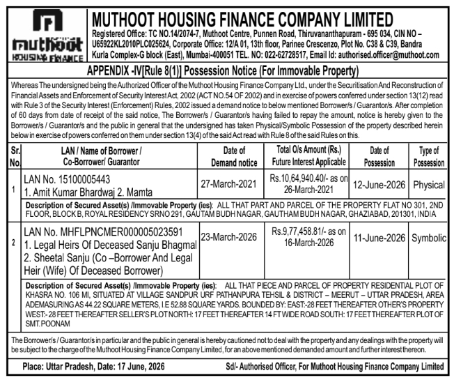 Legal Notice: Muthoot Housing Finance Possession Notice Against Amit Kumar Bhardwaj