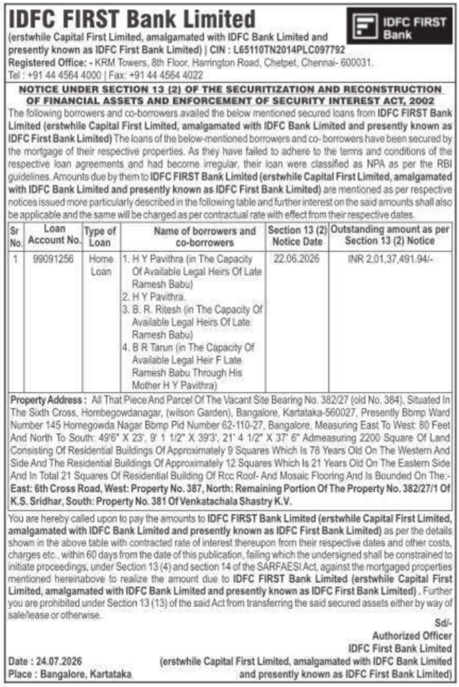Legal Notice: Statutory Demand for Home Loan Repayment